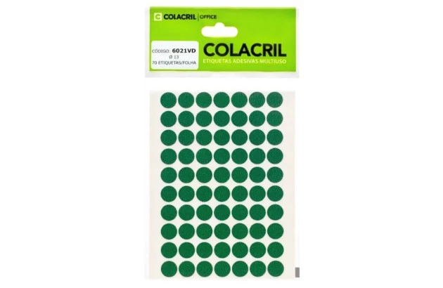 ETIQUETA ADESIVA MULTIUSO REDONDA N° 13MM VERDE - 6 FOLHAS 420 ETIQUETAS | COLACRIL 6021VD