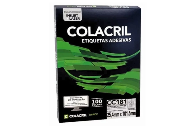 ETIQUETA ADESIVA CARTA 20 25,4X101,6MM 100 FOLHA BRANCA - IMPRESSORA INJET OU LASER | COLACRIL CC181