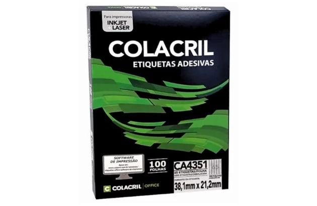ETIQUETA ADESIVA A4 65 38,1X21,2 MM 100 FOLHAS BRANCA - IMPRESSORA INJET OU LASER  | COLACRIL CA4351