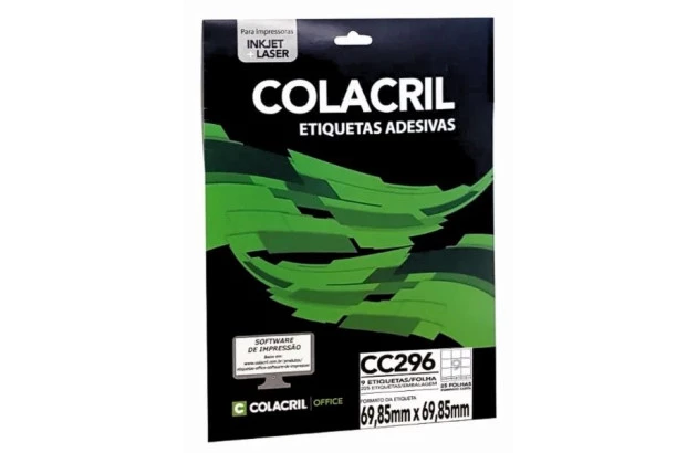 ETIQUETA ADESIVA CARTA 9 69,85X69,85MM 25 FOLHAS BRANCA - IMPRESSORA INJET OU LASER | COLACRIL CC296