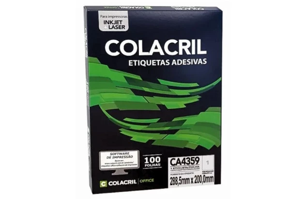 ETIQUETA ADESIVA A4 1 288,5X200MM 100 FOLHAS BRANCA - IMPRESSORA INJET OU LASER  | COLACRIL CA4359