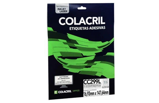 ETIQUETA ADESIVA CARTA 15 16,9X147,6MM 25 FOLHA BRANCA - IMPRESSORA INJET OU LASER | COLACRIL CC299L