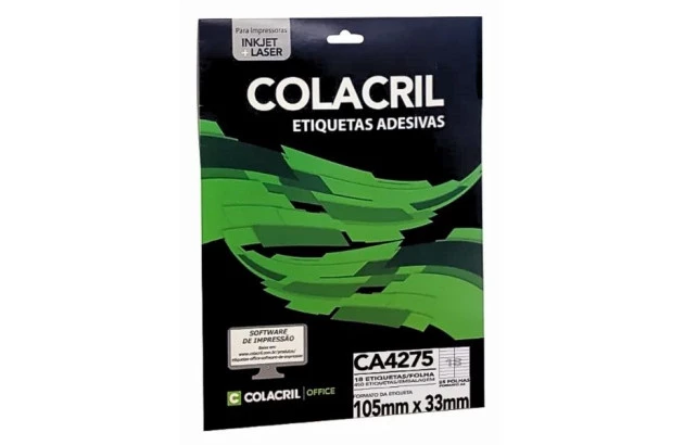 ETIQUETA ADESIVA A4 18 105X33MM 25 FOLHAS BRANCA - IMPRESSORA INJET OU LASER  | COLACRIL CA4275