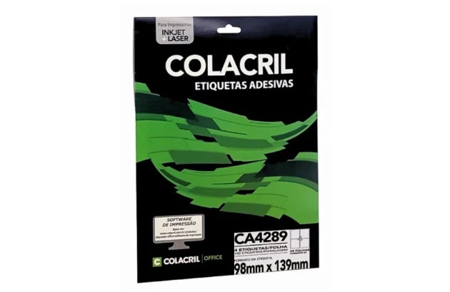 ETIQUETA ADESIVA A4 4 98X139 MM 25 FOLHAS BRANCA - IMPRESSORA INJET OU LASER  | COLACRIL CA4289