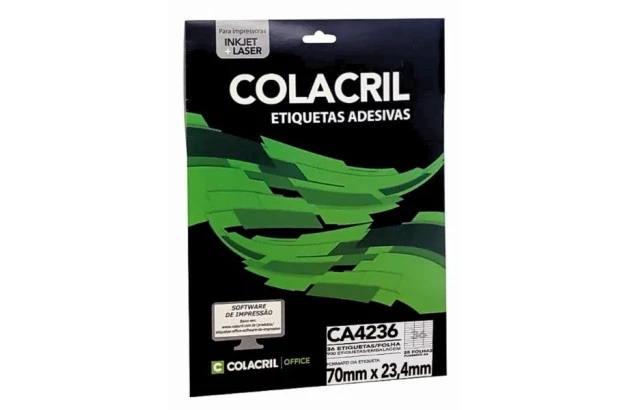ETIQUETA ADESIVA A4 36 70X23,4 MM 25 FOLHAS BRANCA - IMPRESSORA INJET OU LASER  | COLACRIL CA4236