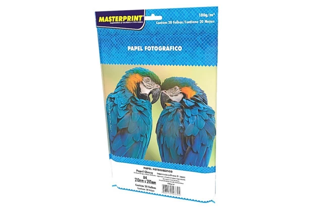 PAPEL FOTOGRÁFICO GLOSSY 180G/M² A4 20 FOLHAS BRANCO  - IMPRESSÃO JATO DE TINTA | MASTERPRINT