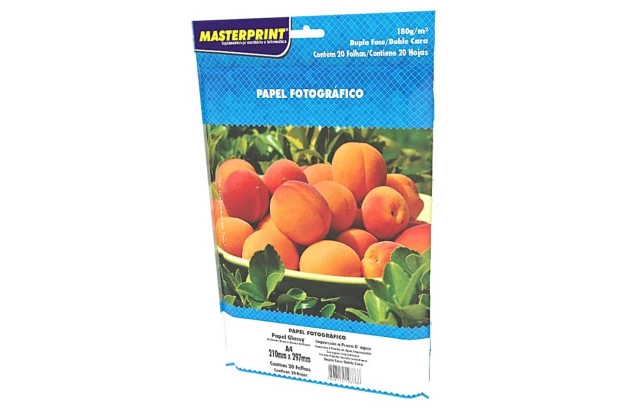 PAPEL FOTOGRÁFICO DUPLA FACE GLOSSY 180G/M² A4 20 FOLHAS BRANCO  - JATO DE TINTA | MASTERPRINT