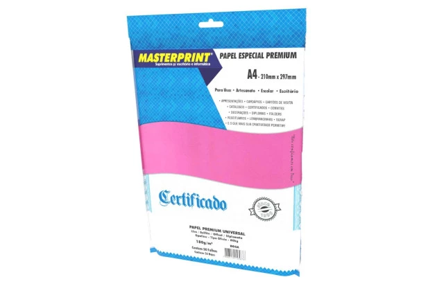 PAPEL DIPLOMATA LISO OFFSET ROSA 180G 60KG A4 50 FOLHAS  SULFITE, JATO DE TINTA | MASTERPRINT