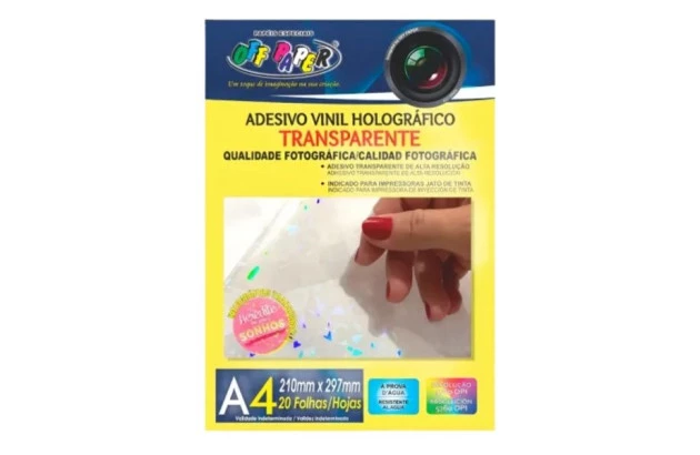 PAPEL ADESIVO VINIL HOLOGRÁFICO TRANSPARENTE A4 20 FOLHAS 210X297MM JATO DE TINTA | OFF PAPPER