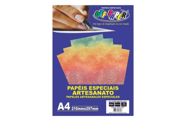 PAPEL ESPECIAL GLITTER METÁLICO ARCO-IRIS A4 250G 10FLS 210X297MM OFF PAPER