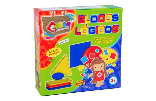 BRINQUEDO EDUCATIVO BLOCOS LÓGICOS 48 PEÇAS MDF CAIXA CARTONADA + 5 ANOS 3022 CARLU