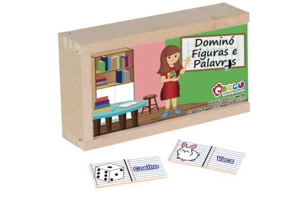 BRINQUEDO DOMINO FIGURAS E PALAVRAS 28 PEÇAS MDF 1026 CARLU