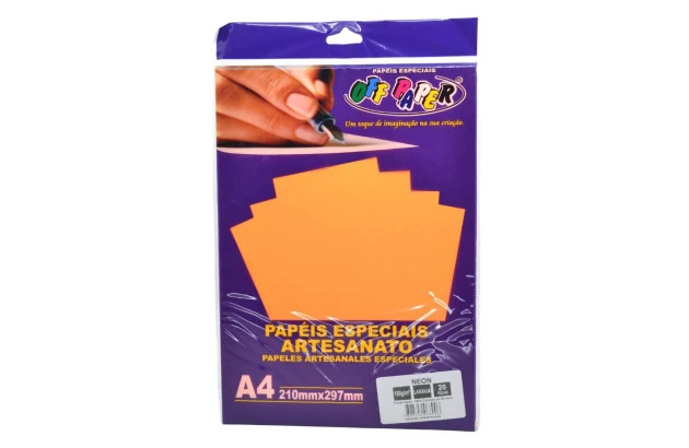 PAPEL ARTESANATO NEON LARANJA A4 180G PACOTE COM 20 FOLHAS
