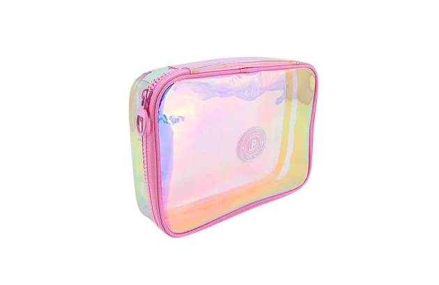 ESTOJO BOX ORGANIZADOR HOLOGRÁFICO ROSA 21CM X 5CM X 15CM EM PVC