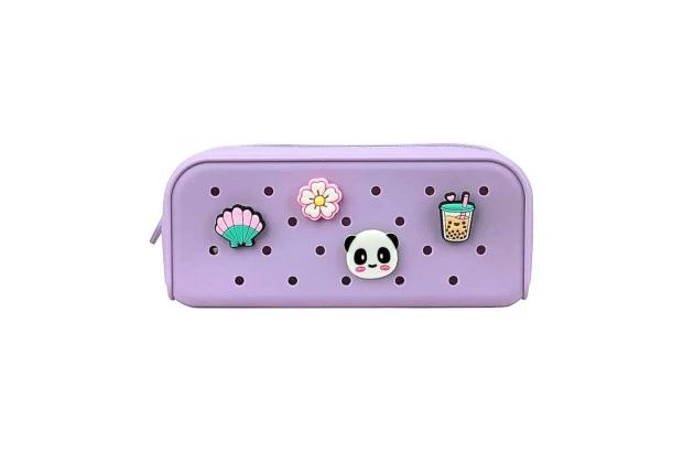ESTOJO ESCOLAR SILICONE CHARM COM 4 PINGENTES LILÁS