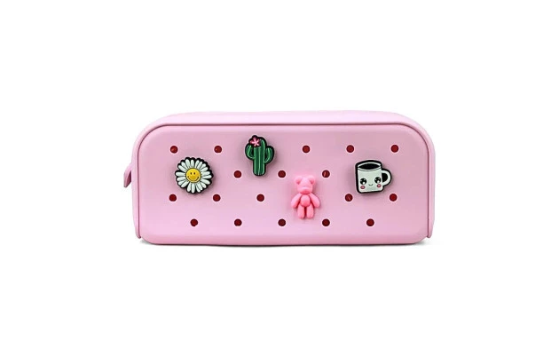 ESTOJO ESCOLAR SILICONE CHARM COM 4 PINGENTES ROSA