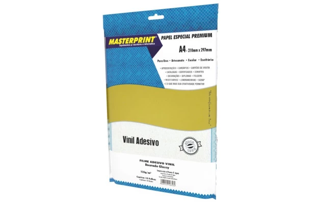 PAPEL ADESIVO VINIL DOURADO 135G/M² A4 10 FOLHAS FILME PROVA D'AGUA - JATO DE TINTA | MASTERPRINT