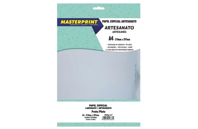 PAPEL LAMINADO PRATA 250G/M² A4 10 FOLHAS LAMICOTE PARA ARTESANATO | MASTERPRINT