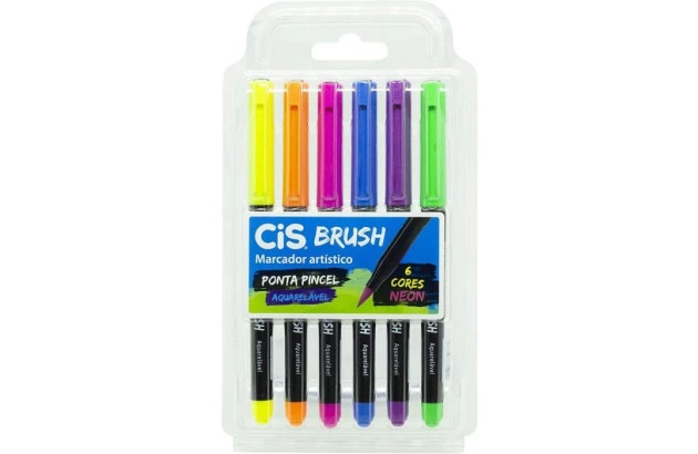 MARCADOR ARTÍSTICO BRUSH 6 CORES AQUARELÁVEL NEON CIS