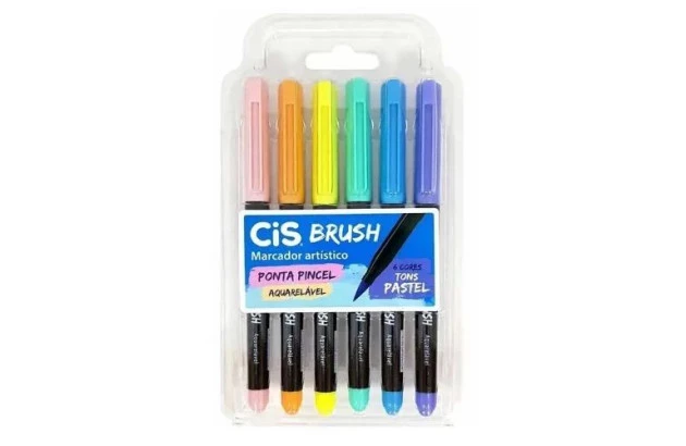 MARCADOR ARTÍSTICO BRUSH 6 CORES AQUARELÁVEL PASTEL CIS