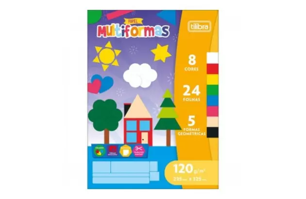 BLOCO DE PAPEL MULTIFORMAS 120 GRAMAS 8 CORES 5 FORMAS GEOMETRICAS 24 FOLHAS 235MMX325MM TILIBRA