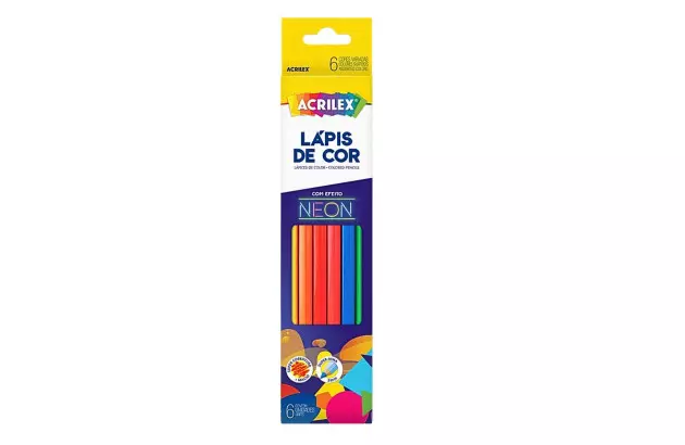 LÁPIS DE COR 6 CORES NEON HEXAGONAL MINA 3MM EFEITO NEON ACRILEX 9646