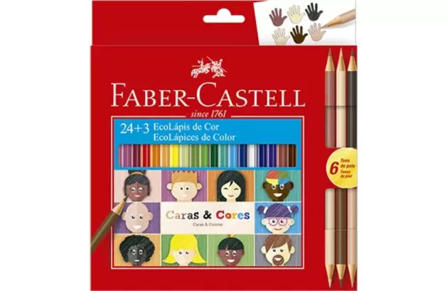 LAPIS DE COR 24 + 3 TONS DE PELE ECOLAPIS CARAS E CORES FABER CASTELL