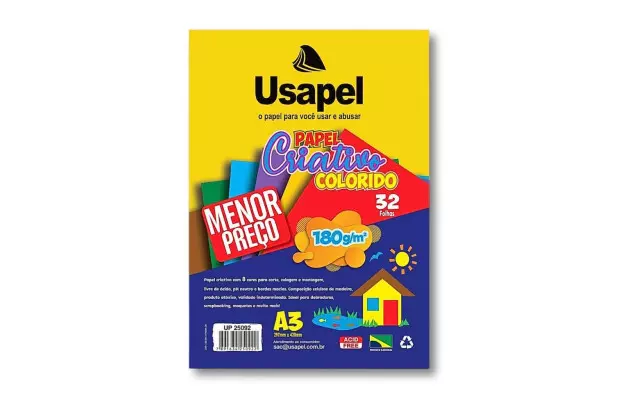 BLOCO DE PAPEL CRIATIVO COLORIDO A3 8 CORES 120G/M² 32 FOLHAS - USAPEL 25094