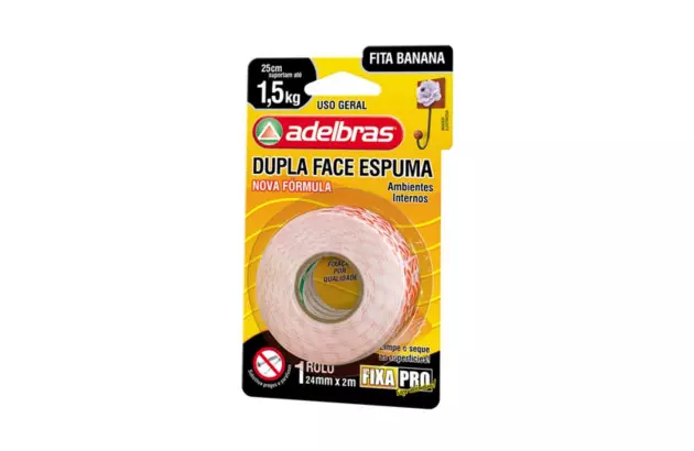 FITA BANANA DUPLA FACE ESPUMA 24MM X 2M FIXA 1,5KG PRO 941 ADELBRAS