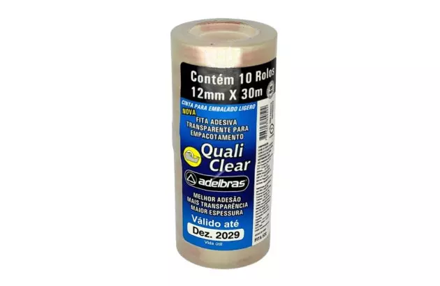 FITA DUREX ADESIVA TRANSPARENTE 12MM X 30M PEQUENO QUALICLEAR – BASE ÁGUA | ADELBRAS