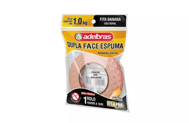FITA BANANA DUPLA FACE ESPUMA 19MM X 10M 1KG FIXA PRO 941 ADELBRAS