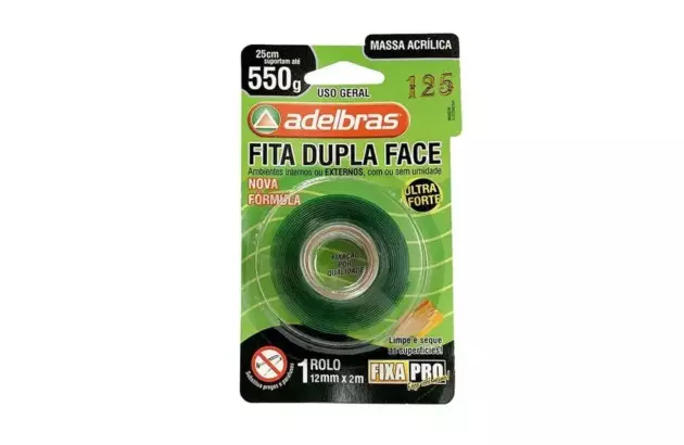 FITA DUPLA FACE MASSA ADESIVA ACRILICA 12MM X 2M 550G FIXA PRO 200 ADELBRAS