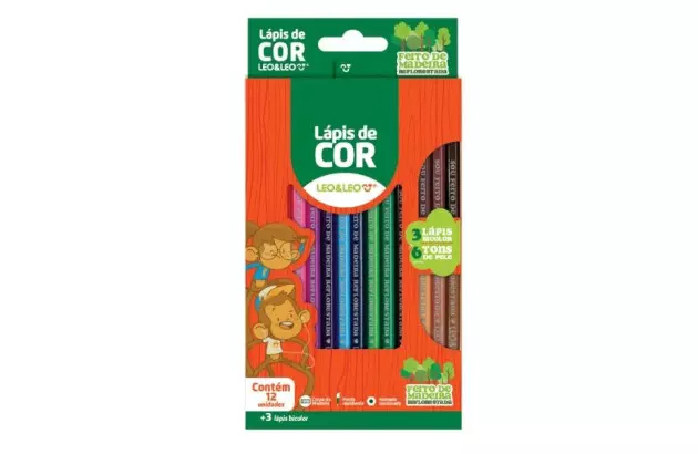 LÁPIS DE COR 12 CORES SEXTAVADO DE MADEIRA  + 3 BICOLORS TONS DE PELE LEO&LEO