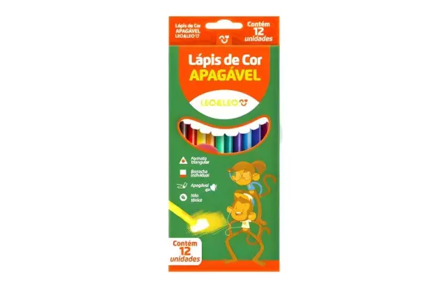 LÁPIS DE COR 12 CORES APAGÁVEL TRIANGULAR  LEO&LEO 72101