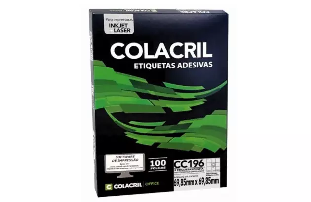 ETIQUETA ADESIVA CARTA 9 69,85X69,85MM 100FOLHAS BRANCA - IMPRESSORA INJET OU LASER | COLACRIL CC196