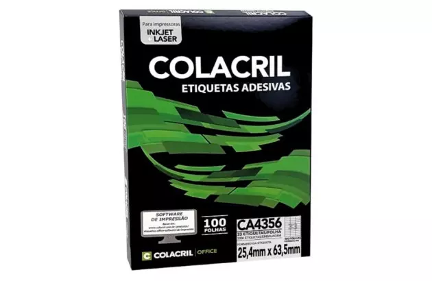 ETIQUETA ADESIVA A4 33 25,4X63,5 MM 100 FOLHAS BRANCA - IMPRESSORA INJET OU LASER  | COLACRIL CA4356