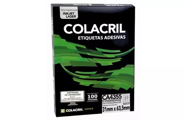 ETIQUETA ADESIVA A4 27 31X63,5 MM 100 FOLHAS BRANCA - IMPRESSORA INJET OU LASER  | COLACRIL CA4355