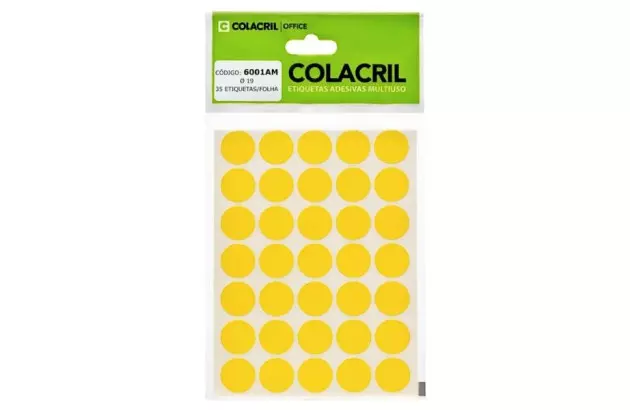 ETIQUETA ADESIVA MULTIUSO REDONDA N° 19 MM AMARELA - 6 FOLHAS 210 ETIQUETAS | COLACRIL 6001AM