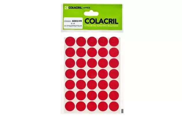 ETIQUETA ADESIVA MULTIUSO REDONDA N° 19 MM VERMELHA - 6 FOLHAS 210 ETIQUETAS | COLACRIL 6001VM