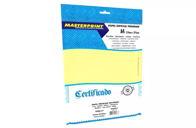 PAPEL DIPLOMATA LISO OFFSET AMARELO 180G 60KG A4 50 FOLHAS SULFITE, JATO DE TINTA | MASTERPRINT