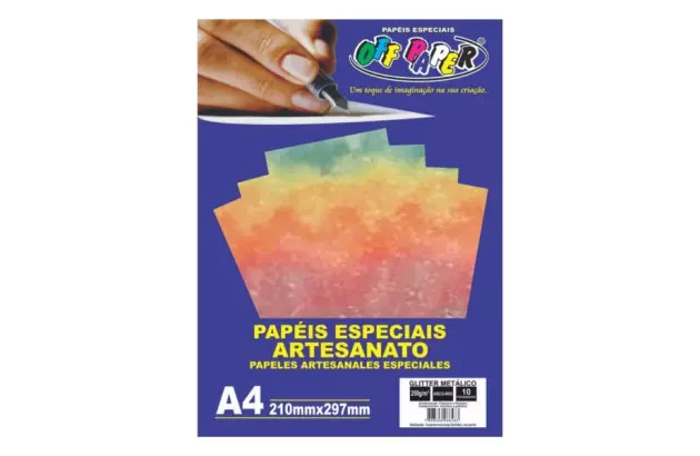 PAPEL ESPECIAL GLITTER METÁLICO ARCO-IRIS A4 250G 10FLS 210X297MM OFF PAPER