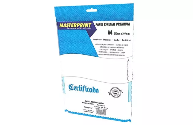 PAPEL CASCA DE OVO BRANCO 180G/M² A4 50 FOLHAS TEXTURIZADO - JATO DE TINTA E LASER | MASTERPRINT