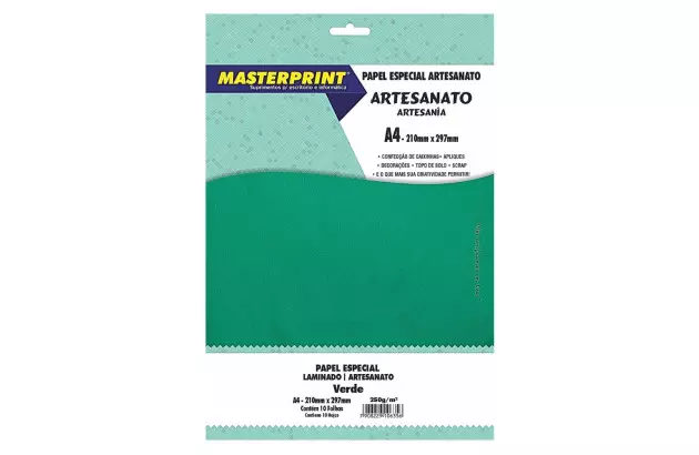 PAPEL LAMINADO VERDE 250G/M² A4 10 FOLHAS LAMICOTE PARA ARTESANATO | MASTERPRINT