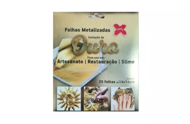 FOLHAS METALIZADAS IMITAÇÃO DE OURO 25 FOLHAS 14X14CM ARTESANATO, RESTAURAÇÃO, SLIME