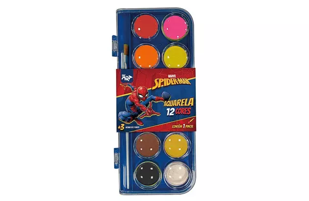 TINTA AQUARELA 12 CORES HOMEM ARANHA - ACOMPANHA 1 PINCEL | LAVÁVEL CORES BRILHANTES | DAC