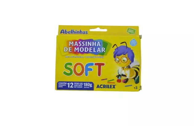 MASSA DE MODELAR SOFT 12 CORES 180G BASE DE AMIDO - NÃO TÓXICA | ABELHINHA 7312 ACRILEX