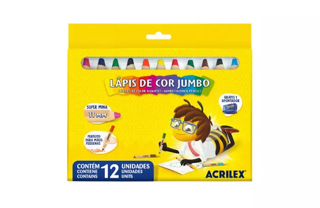 LÁPIS DE COR JUMBO 12 CORES COM APONTADOR 11MM ACRILEX 9621