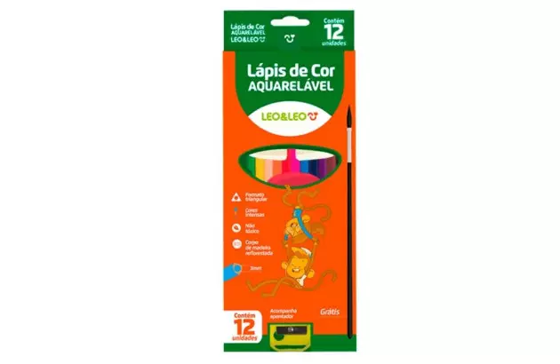 LÁPIS DE COR 12 CORES AQUARELÁVEL COM PINCEL LEO&LEO