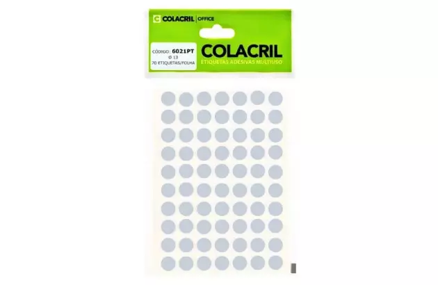 ETIQUETA ADESIVA MULTIUSO REDONDA N° 13MM PRATA - 6 FOLHAS 420 ETIQUETAS | COLACRIL 6021PT