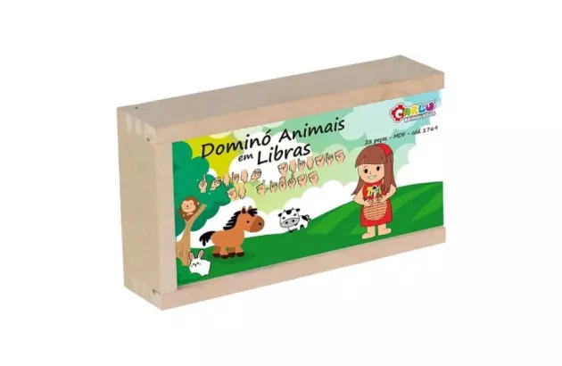 BRINQUEDO DOMINO ANIMAIS LIBRAS 28 PEÇAS MDF + 3 ANOS 1769 CARLU